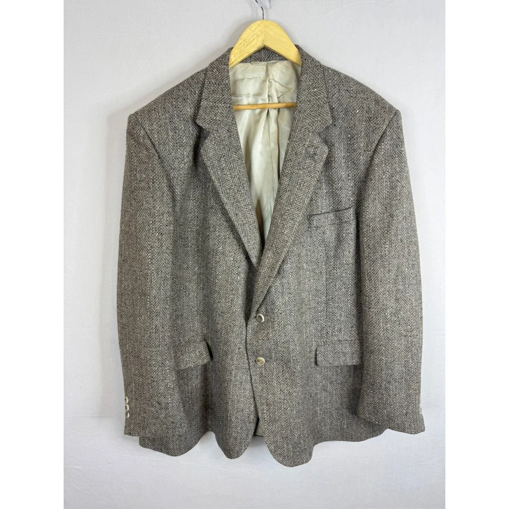 Vintage London Fog Mens‎ 54 Grey Herringbone Pure Wool Blazer Sport Coat